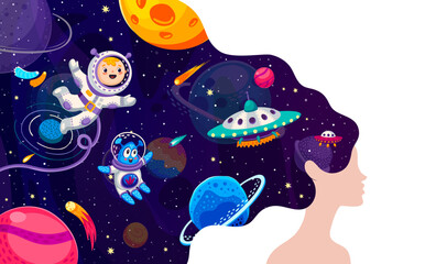 Wall Mural - Woman with color galaxy space hair. Girl head vector silhouette with long wavy hair of cartoon galaxy planets, astronaut and alien characters, UFO spaceships and stars space landscape double exposure