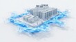 © ZHI - Carbon neutral data center in minimalist wireframe style with blue energy flowing lines on white background, illustrating sustainable technology, eco-friendly computing and green energy concepts