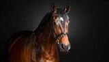 Elegant studio portrait of a beautiful brown horse with a shiny coat, isolated on a solid black background.