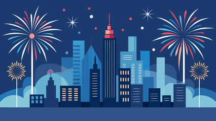 Colorful fireworks exploding over a stylized city skyline at night