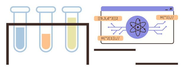 Three test tubes in a stand with a gradient of blue, orange, and yellow liquids next to a science-themed digital interface. Ideal for research, innovation, education, STEM fields, chemistry, data