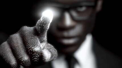 Businessman's hand made of glowing particles points forward in dark background technology concept