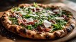 © cha - Neapolitan pizza with arugula, prosciutto, and shaved cheese on a wooden board