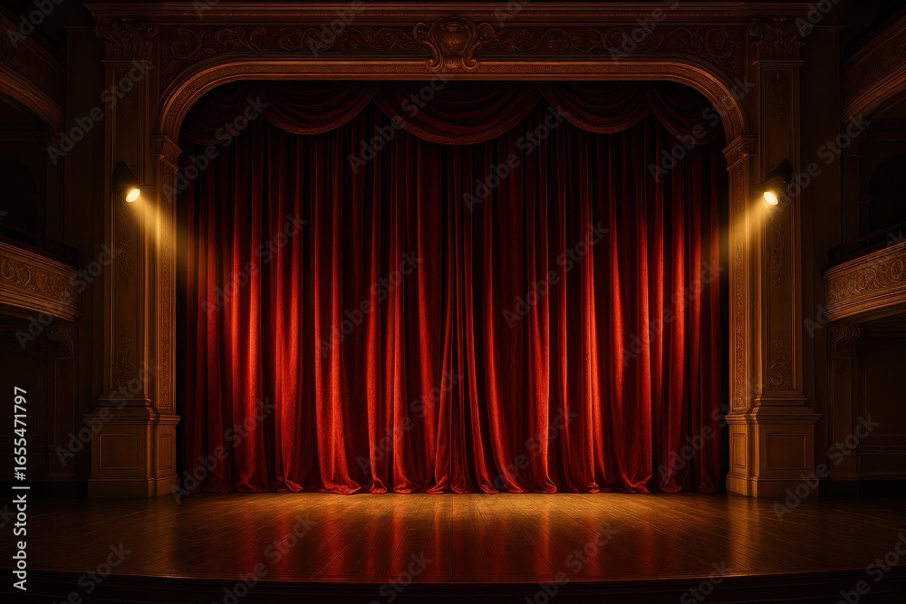 Grand theater stage with luxurious red velvet curtains and dramatic ...