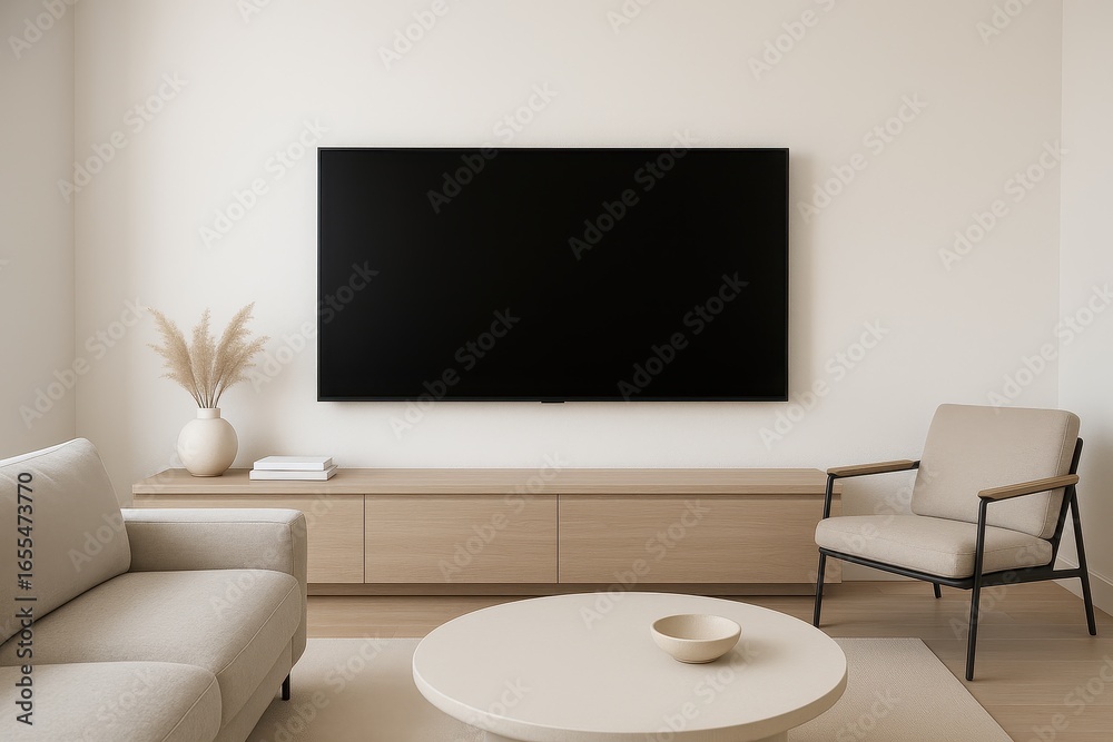Photo inspiration: Modern Living Room With Wall Mounted TV And Minimalist Decor Photo Inspiration