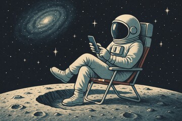 Wall Mural - Surreal space exploration scene with astronaut relaxing on lunar surface while using smartphone technology