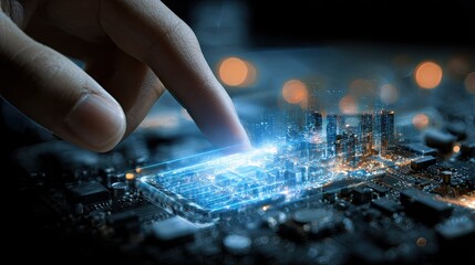A hand's finger touches a circuit board, with a holographic city projected onto it