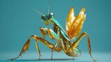 Praying Mantis, its exoskeleton like polished jade with gold filigree joints, surreal ornate armor texture, sharp studio lighting