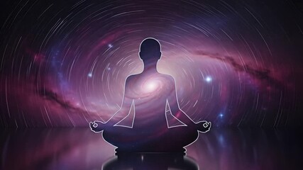 Wall Mural - Meditating human silhouette with cosmic galaxy within, finds mindfulness. Perfect for wellness, spiritual guidance, universe, yoga, and stress relief concepts. Ideal for mental health ads,