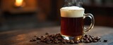 Warm, comforting Irish coffee in a glass, steaming gently, with coffee beans scattered nearby Rich brown liquid, creamy texture, cozy atmosphere , holiday, alcohol