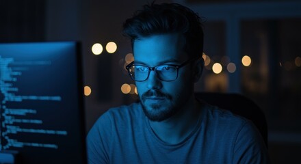 A man with glasses intently looks at a computer screen displaying code in a dimly lit room.