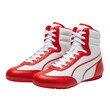 © Bismillah - A pair of red and white high top boxing shoes, designed for agility and support during combat sports training and professional fights.