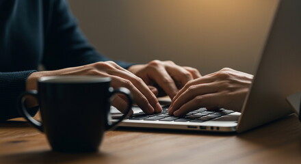 Typing on Laptop with Coffee Cup at Desk