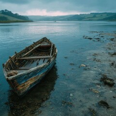  Wooden boat on tranquil riverbank