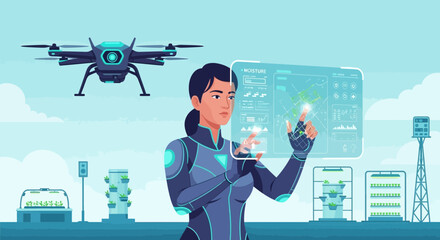 Futuristic agriculture concept with woman using digital display and drone technology
