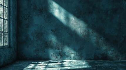 Sticker - a darkly background wall painted in light blue, with lots of deep shadows creating a moody atmospher