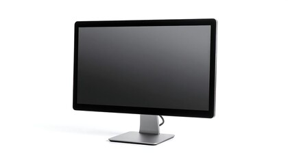 Sleek, modern computer monitor with a dark gray screen and a silver stand, isolated on a white background