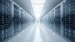 © Von - A long, narrow hallway with rows of server racks in a data center. The environment is dimly lit with a blue tint, giving it a cool, industrial feel.