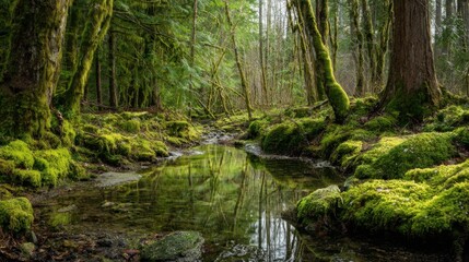  A forest with a stream running through it. The water is clear and the moss is green