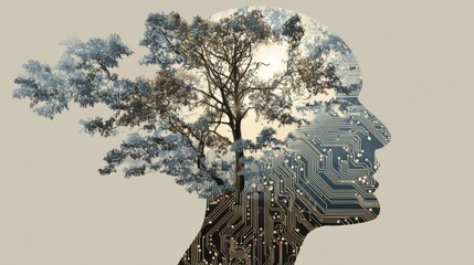 A tree is growing out of a person's head, with a computer chip in the middle of the tree. Concept of technology and nature coming together