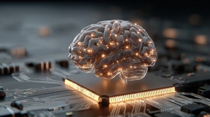 A computer chip with a brain on it. The brain is glowing and surrounded by a black background