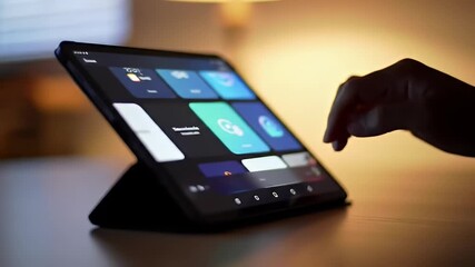 Hand touches colorful application tiles on a tablet propped on a table