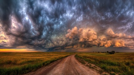 Wall Mural - Dark clouds roll across the sky over a winding dirt road amidst expansive grassy fields during sunset. The scene captures a powerful moment in the natural world, showcasing contrasting colors.