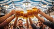 © Naima - Friends toasting beer steins at Oktoberfest, high-angle view showcasing joyful expressions and warm lighting in a festive beer tent.