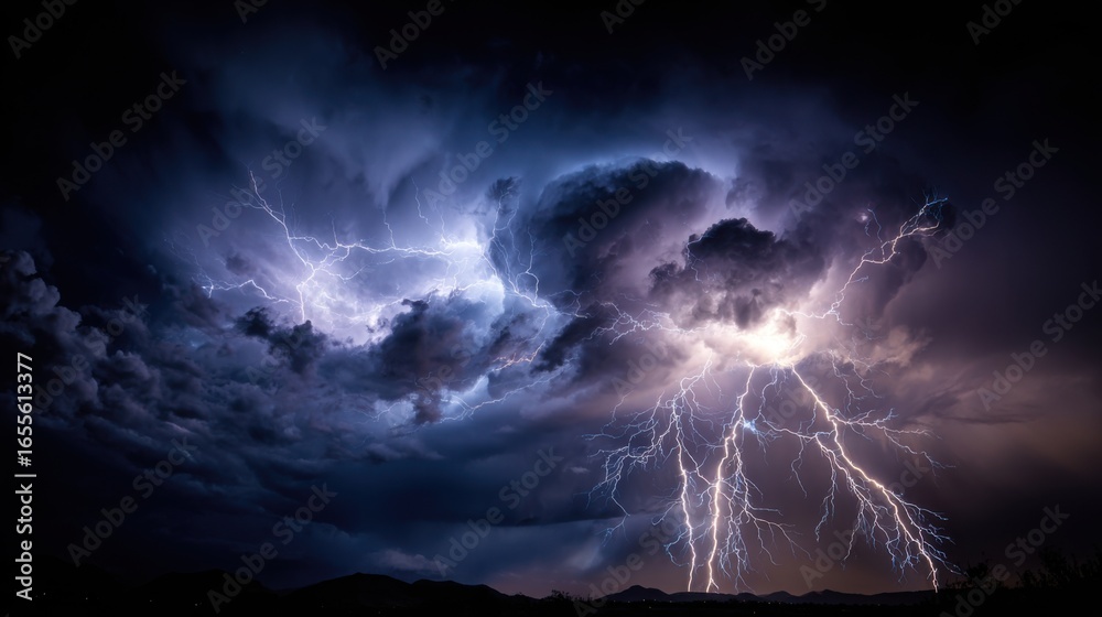 A powerful lightning storm unfolds across the mountain range, with ...