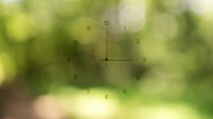 Wall Mural - analog time clock on sunny green nature bokeh loop background.