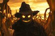 © tu - Creepy scarecrow in corn maze at Halloween haunted house event, spooky horror attraction with jump scare actor, autumn festival fright night background illustration.