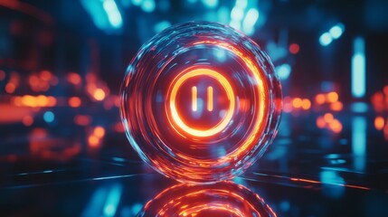Wall Mural - a vibrant neon pause button glows in an abstract digital environment. the mesmerizing colors create 