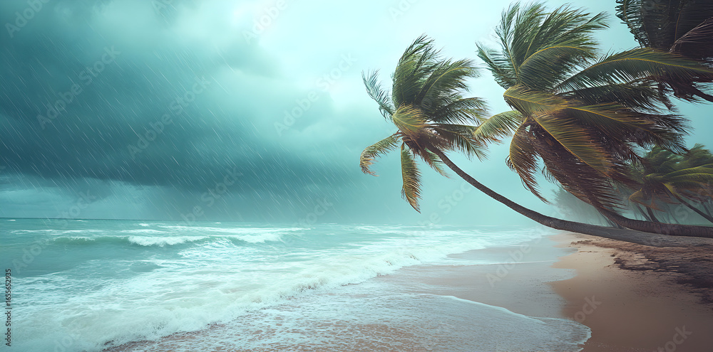 Florida beach with palm trees bending in strong hurricane winds ...