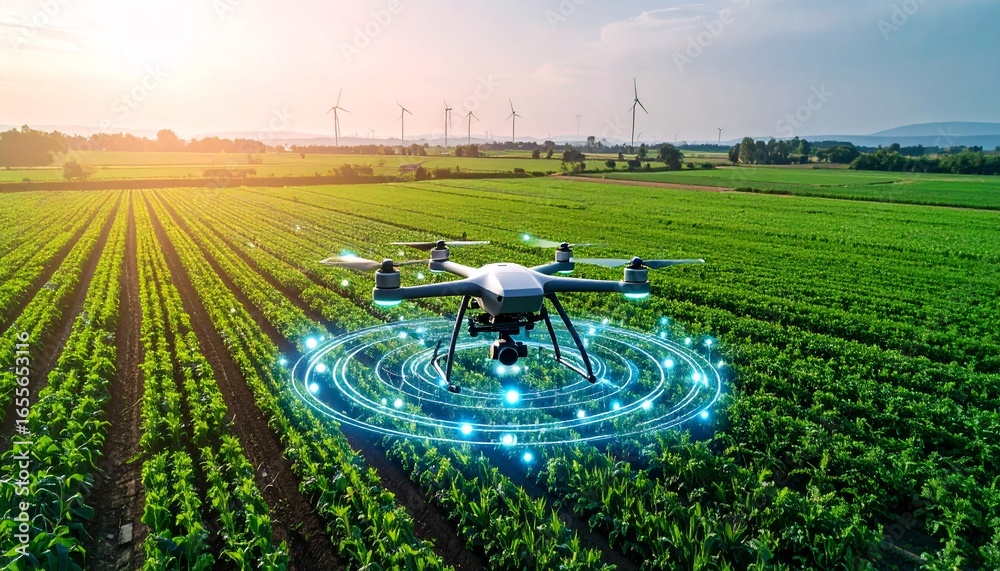 Futuristic smart farming drone with a digital hologram interface ...