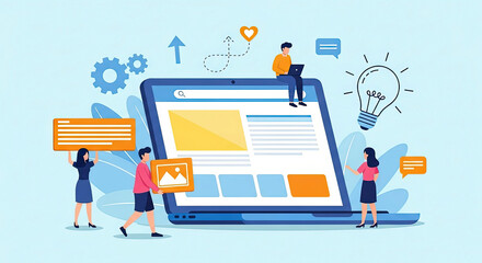 Group of people working on website development with a laptop, a light bulb, and various design elements