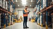 © An - A man in an orange safety vest standing in a warehouse with a tablet.
