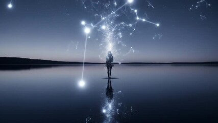 Wall Mural - Woman silhouette receives cosmic energy on lake reflecting constellations. Metaphor for spirituality, connection, enlightenment, identity, mindfulness, universe, dreams, soul searching.