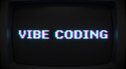 Vibe coding text displayed on retro computer monitor with pixelated glitch effect