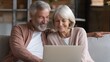 © Johannes - happy mature mid age couple using laptop sit on sofa doing ecommerce shopping online on website smiling senior old adult man and woman looking at computer buying insurance browsing internet at home n