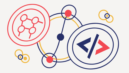 Illustration showing connected circles with code symbol and network node representation design