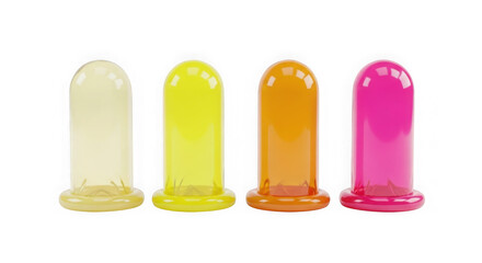 Four colorful translucent cylindrical objects with flared bases isolated on transparent background