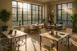 © LooPanda-Pictures - Modern Workplace Interior: An inviting, sun-drenched co-working space with natural light streaming through expansive windows.