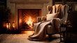 © Yaryna - A cozy autumn scene with a warm fireplace and inviting armchair, ideal for a relaxing holiday.