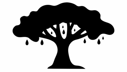 Wall Mural - Illustration of a stylized black tree with a full canopy and water droplets hanging from branches isolated