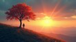 © Andrew505 - Solitude and self reflection under vibrant autumn tree at sunset on scenic hillside with dramatic sunlight and mountain views