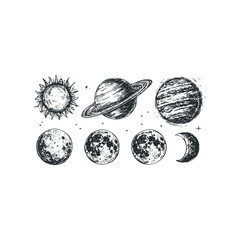 Wall Mural - Stylized depiction of sun, planets, and moon phases in a graphic sketch style.