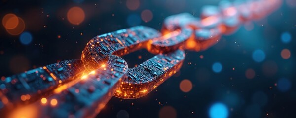 Digital blockchain with glowing interconnected links, circuits, binary code elements. Futuristic network technology secure data protection, cyber connectivity. Blue, orange lights create dynamic