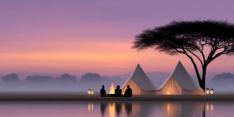 Wall Mural - Sunset camping silhouette: two people at campfire by tents and tree
