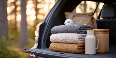 Wall Mural - Cozy outdoor picnic setup with blankets and picnic accessories in car trunk