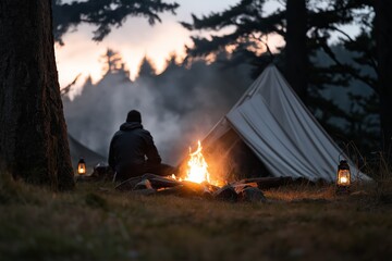 Wall Mural - Campsite at sunset with campfire and silhouette of male camper